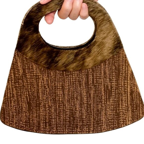 Fur & Woven Handbag Clutch 13” Brown Structured Top Handle Purse Handmade Peru - Picture 1 of 7